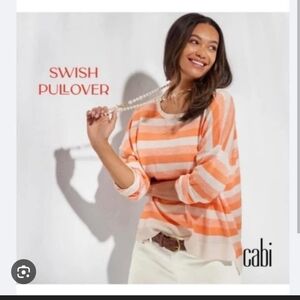 CAbi 6179 Swish Pullover Size Small Coral And White Stripe Lightweight Sweater
